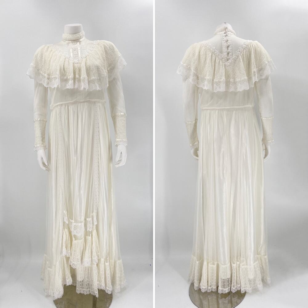 Gunne Sax White‎ Ivory Lace Gown Maxi Bridal High Neck Ruffle Buttons